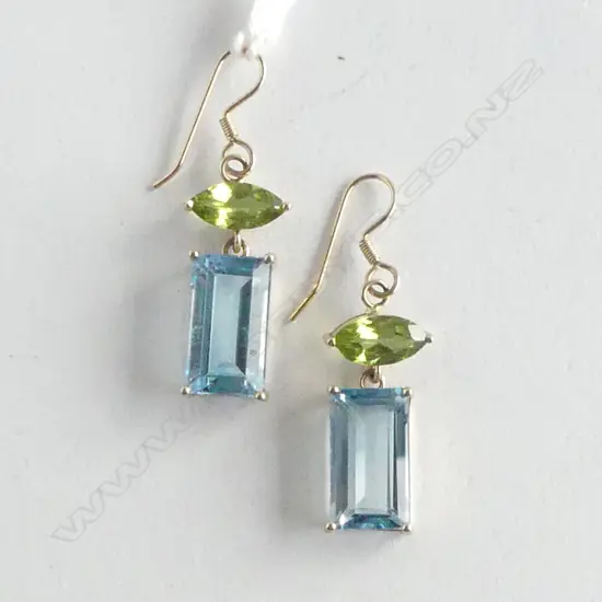 PR 14ct DROP EARRINGS w PERIDOT & BLUE TOPAZ STONES