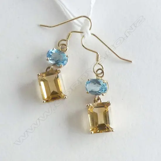 **RTV**  PR 14ct DROP EARRINGS w OVAL BLUE TOPAZ & PRINCESS CUT CITRINES