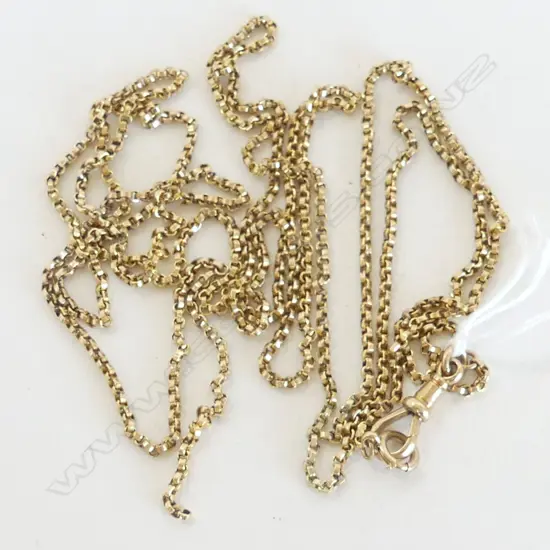 A c.1900 9ct yellow gold muff chain uniform links. L.1380. 14gm. old repairs and faults