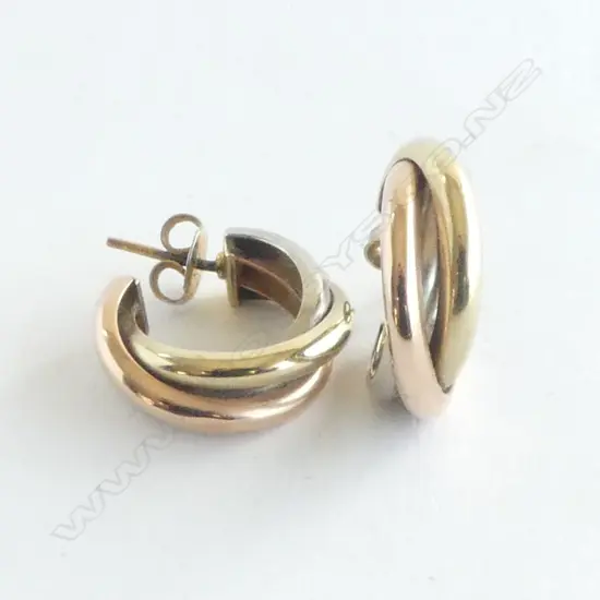 pr 14ct 3 COLOUR GOLD TRIPLE HOOP TWIST HUGGIE STYLE EARRINGS 3.8gms