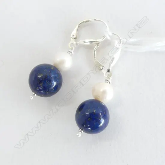 LAPIS & PEARL SILVER EARRINGS, LEVER BACKS