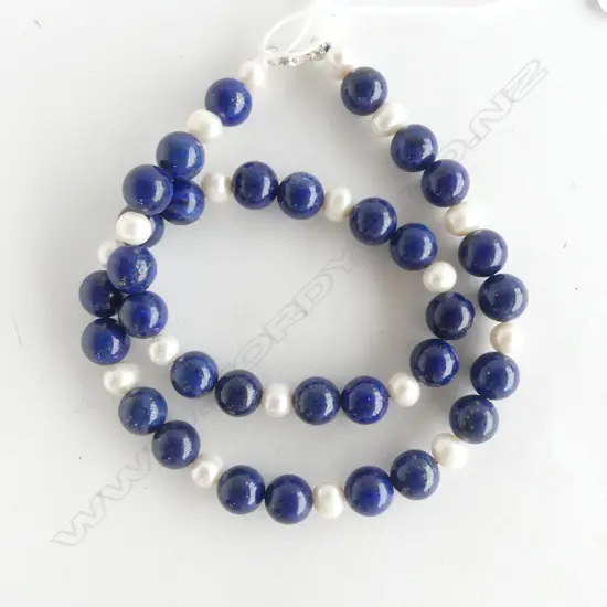 LAPIS & PEARL NECKLACE w SILVER CLASP