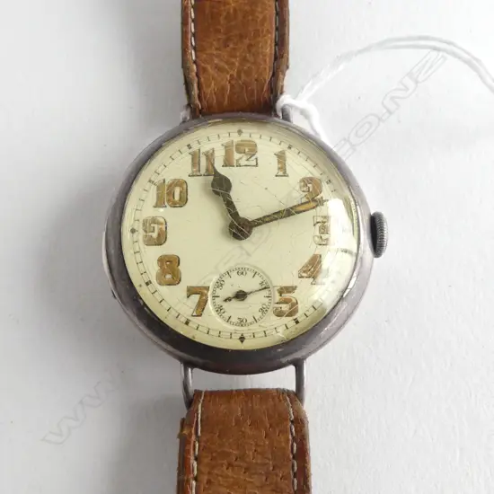 c1920 GENT'S SILVER WRISTWATCH leather strap Arabic numerals