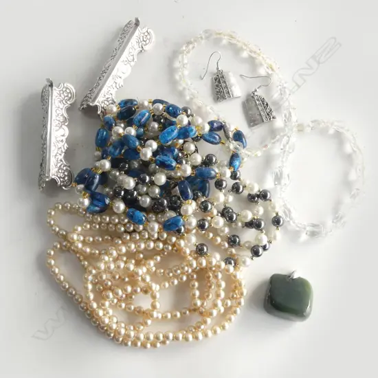 4 COSTUME NECKLACES, PR EARRINGS, GREENSTONE PENDANT, PR EP KNIFE RESTS