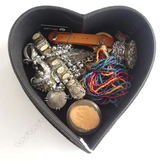 ASST. COSTUME JEWELLERY INCL. SOME STG IN BLACK HEART SHAPED CONTAINER