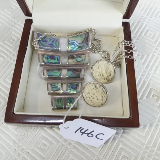 925 SILVER & PAUA PENDANT NECKLACE + PR BONE EARRINGS