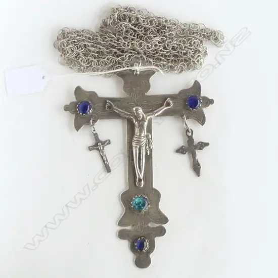 VERY LGE SILVER CRUXIFIX JEWELLED PENDANT L.170mm on long double looped NECK CHAIN 