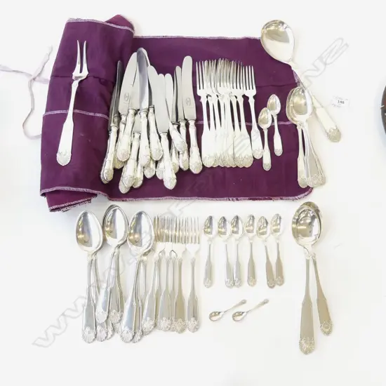 EARLY 20thC QUALITY SILVER PLATE CUTLERY SET 8 PLACE SETTING approx 60pce Shell detail finial