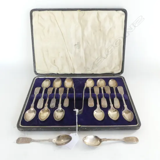 14 STG SILVER TEASPOONS + TONGS 330gms, CASED