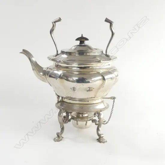 EDWARDIAN SILVER SPIRIT KETTLE on stand w burner London 1903 by Charles Stuart Harris 1485gms excludes handle 