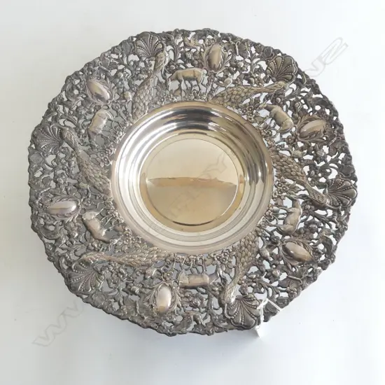 SILVER PLATE? LGE WIDE RIMMED DISH pierced & embossed animals & birds Garden of Eden Dia.355mm. possibly silver?