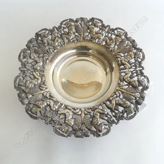 OLD EURO SILVER ? LGE DISH embossed & pierced rim prs winged beasts Dia.355mm 450gms possibly silver plate?