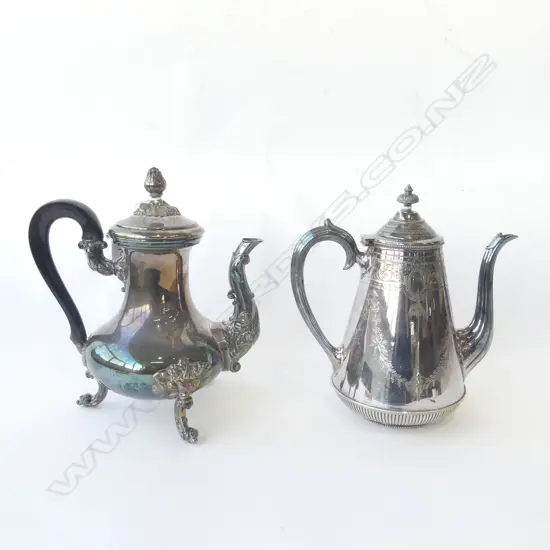2 SILVER PLATE COFFEE POTS early 20thC. 1 by Christofle (French) with cat & CC mark