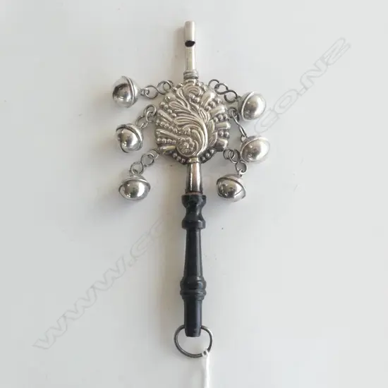 SILVER BABIES RATTLE / WHISTLE 6 bell turned wood handle L.175mm