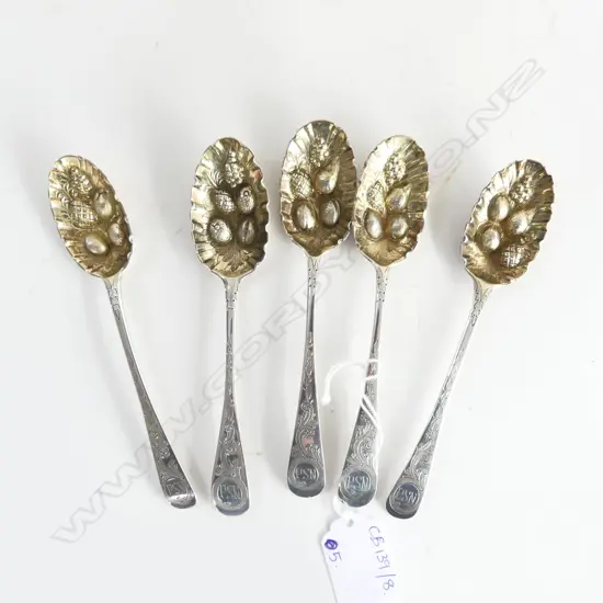 5 ANTIQUE STG SILVER BERRY TEA SPOONS, 65gms