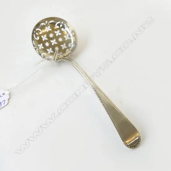 GEOIII STG SILVER bottom marked SIFTER SPOON, HESTER BATEMAN? L.150MM feather edged