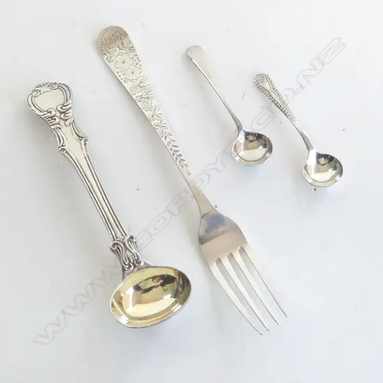 4 SILVER CUTLERY PCES: 3 SALT SPOONS L.1844 ETC + 1 FORK Sheffield 1901. 56gms