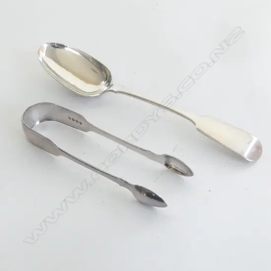 SILVER TABLE SPOON Fiddle pattern 1871 + PR SILVER TONGS L.1836. 120gms 