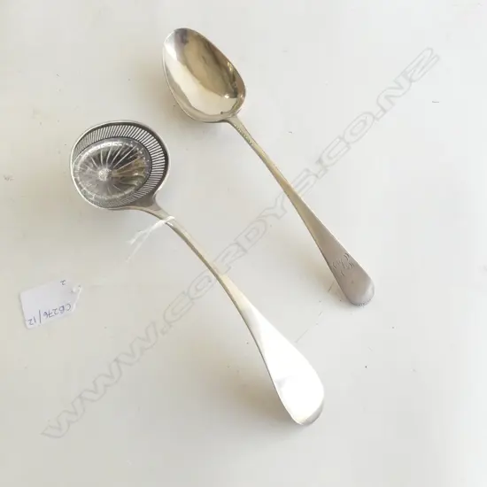 2 ANTIQUE SILVER SPOONS, SIFTER EURO MARKS & TABLE SPOON L.220mm 112gms