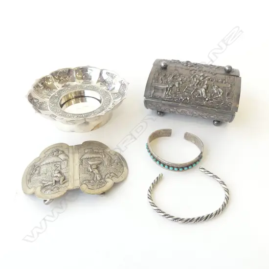 5 PCES ASST. SILVER? BOWL 110mm dia, LIDDED CONTAINER, BELT BUCKLE, 2 CUFF BANGLES