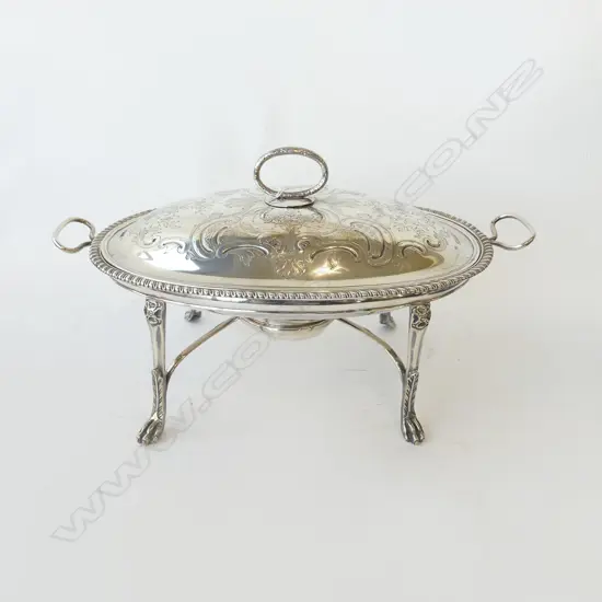 STG SILVER BREAKFAST DISH ON STAND w. BURNER, LONDON 1772 360x210x180mm 785gms