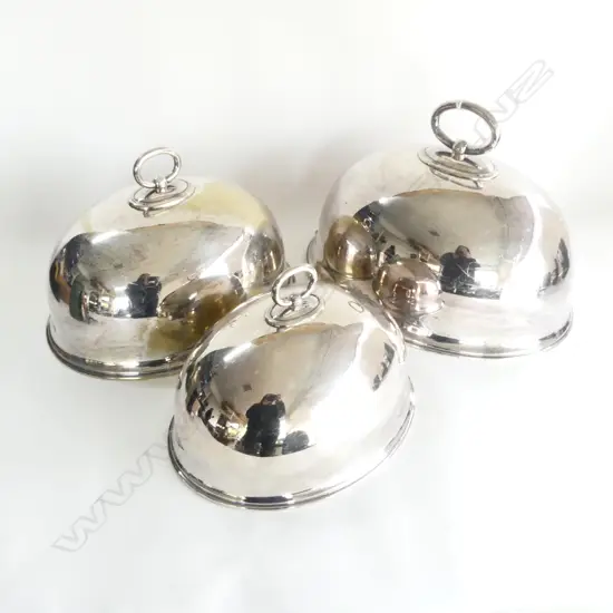 3 GRADUATING SILVER PLATE FOOD DOMES LARGEST 420x320x260mm MAPLE & Co. LONDON