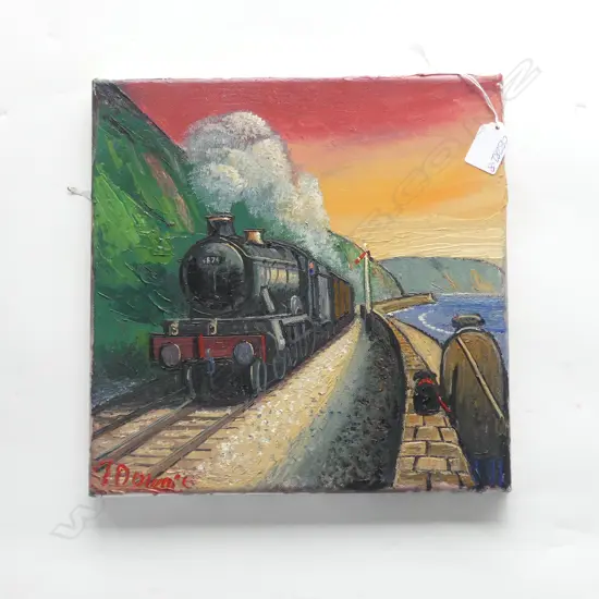 JAMES DOWNIE OIL ON CANVAS STEAM TRAIN & DOG WALKER 300 X 300mm