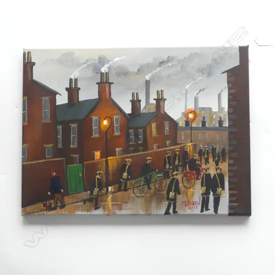 MAL BURTON OIL ON CANVAS 'THE WORKERS' signed & dated 2017 300 x 400mm