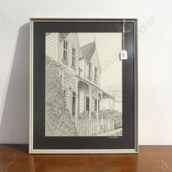 SIGNED PEN DRAWING, 2 VILLAS 395x295mm