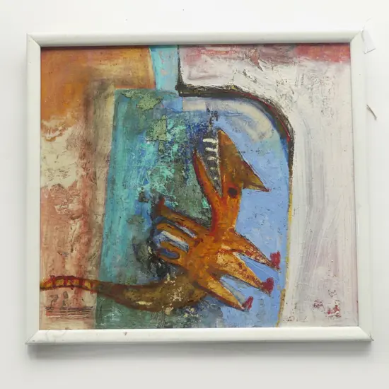SUE DALY 'A DRAGON CLIMBS MY WALLS' OIL ON BOARD 1990 385x425mm