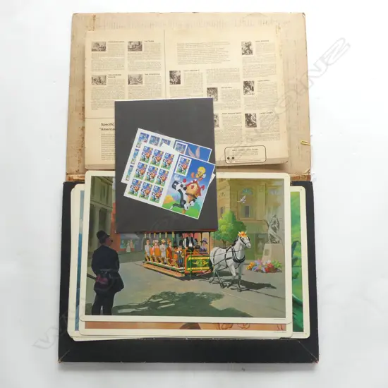 VINTAGE WALT DISNEY EMPHEMERA: 8 'EARLY AMERICAN TRANSPORTATION' STUDY PRINTS 330x 450mm in folder + POSTCARDS & STAMPS