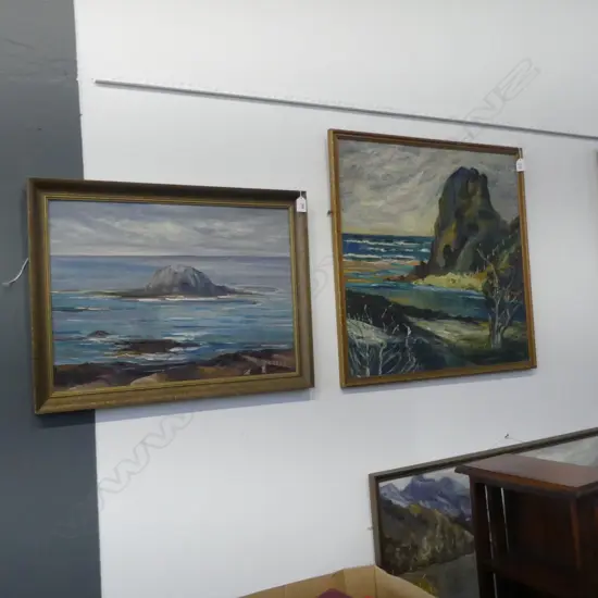 2 F. STEEL OIL ON BOARD LANDSCAPES; GANNET ROCK MURIWAI & KAREKARE WEST COAST, 595x600mm