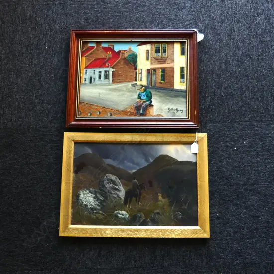 2 ARTWORKS; MAN ON HORSEBACK (BORER FRAME), JOHN GRAY FISHERMAN IN VILLAGE, OIL ON BOARD 290x390mm
