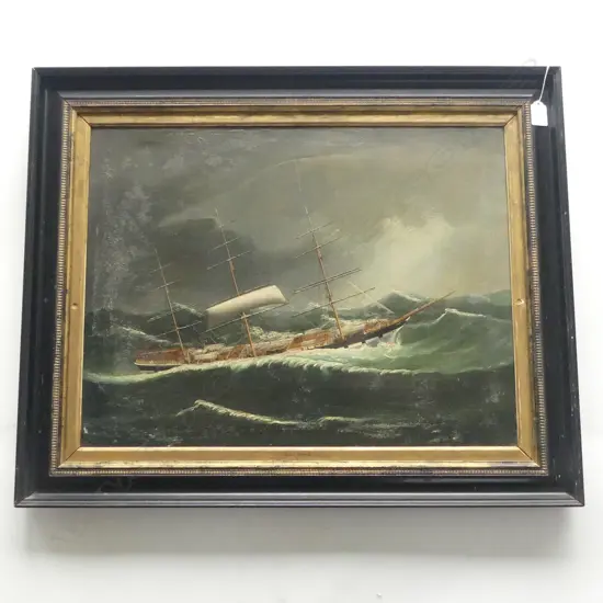ARTIST UNKNOWN, SAILING SHIP DALGONAR IN ROUGH SEA, OIL ON BOARD 450x580mm
