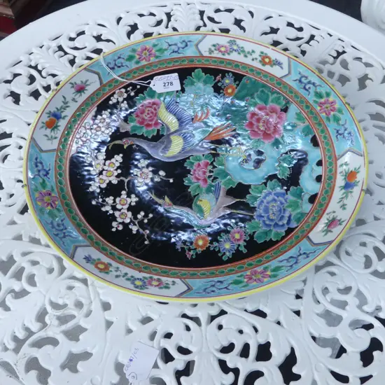 EARLY 20thC JAPANESE CHARGER birds & blossoms on black ground Dia.365mm