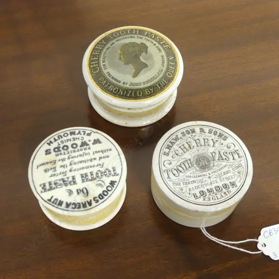 3 VICTORIAN TOOTH PASTE CONTAINERS 80mm dia...