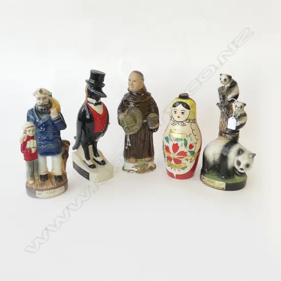 5 CERAMIC DECANTERS; RUSSIAN DOLL, MONK, CROW, SAILOR, PANDAS H.320mm
