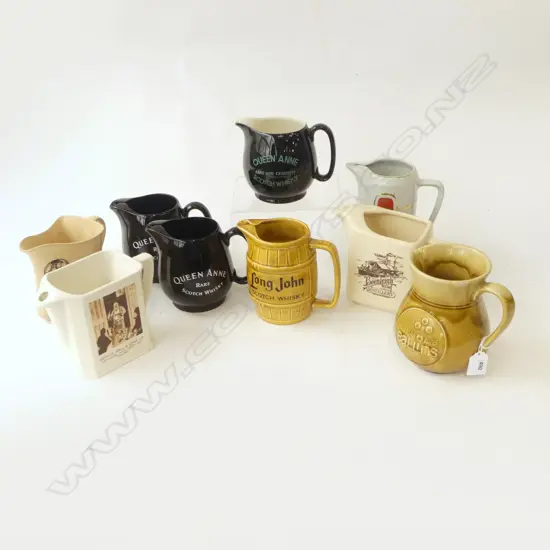 NINE ASST. WHISKY JUGS – BALLINS, BELLS, QUEEN ANNE, LONG JOHN ETC