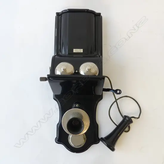 ANTIQUE WALL MOUNTED 'FEDERAL' TELEPHONE, BLACK PAINTED METAL H.550mm