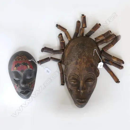2 AFRICAN CARVED WOOD FACE MASKS 350MM LONGEST