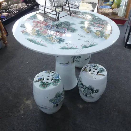 CHINESE CERAMIC TABLE 900mm dia + 3 STOOLS