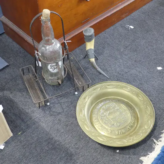 3 PCES; BRASS CHARGER 405mm dia, LG BOTTLE IN FRAME, HORN 