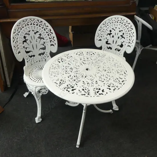 3 PCE WHITE ENDERSLEY PATIO SET; TABLE & PR CHAIRS