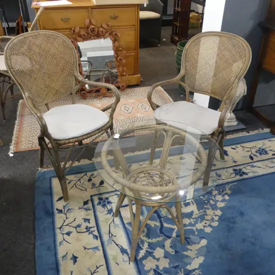 PR CANED PATIO CHAIRS + GLASS TOPPED TABLE 600mm dia 'ORIGINALS BY SIKA DESIGN'