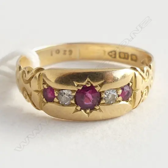 c.1900 18CT YELLOW GOLD RUBY & DIAMOND RING Chester hallmarks 4gms. band slightly out of round SIZE S
