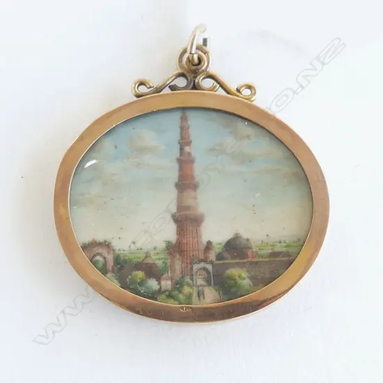 9CT GOLD FRAMED MINITURE PAINTING OF MINARET ON IVORY  TOTAL WIEGHT 18G
