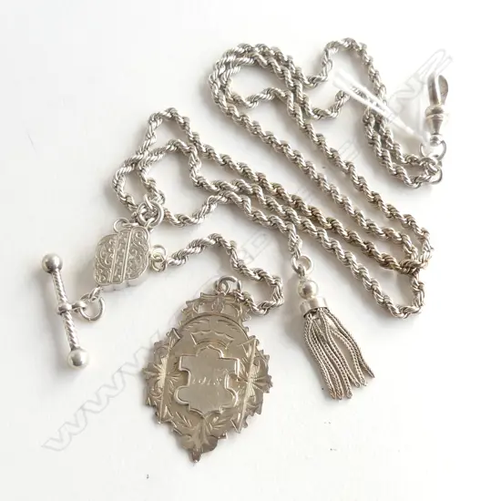 STG SILVER NECKLACE w. MEDAL, TASSEL & T BAR 35gms