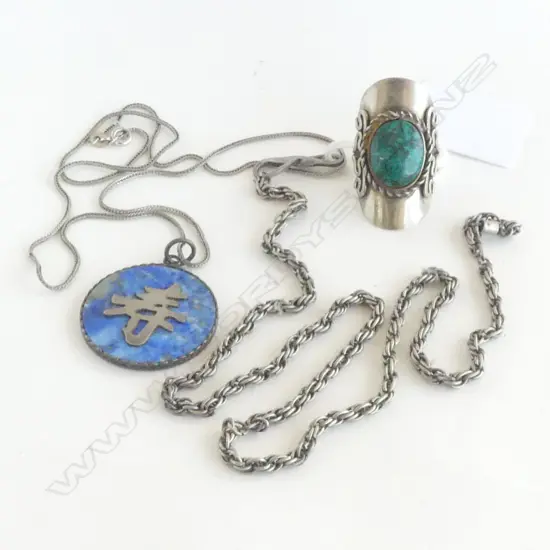 3 PCS VINTAGE SILVER; RING w CENTRAL TURQUOISE STONE, CHAIN & CHINESE PENDANT ON CHAIN