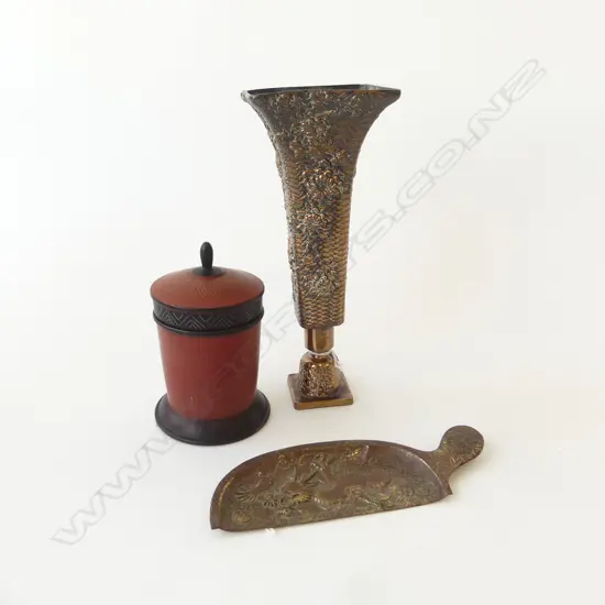 JAPANESE VINTAGE CAST METAL CANDLESTICK H235MM CRUMB TRAY L180 & LAQUER LIDDED BOX L130MM