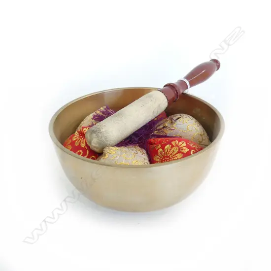 ORIENTAL SMALL SINGING BOWL on silk cushion with shammy covered hammer Dia.140mm